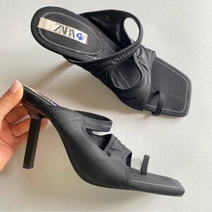 Zara Size 41 Black Nylon Square Toe Slip-on Thin Stiletto Mule Heel Sandal